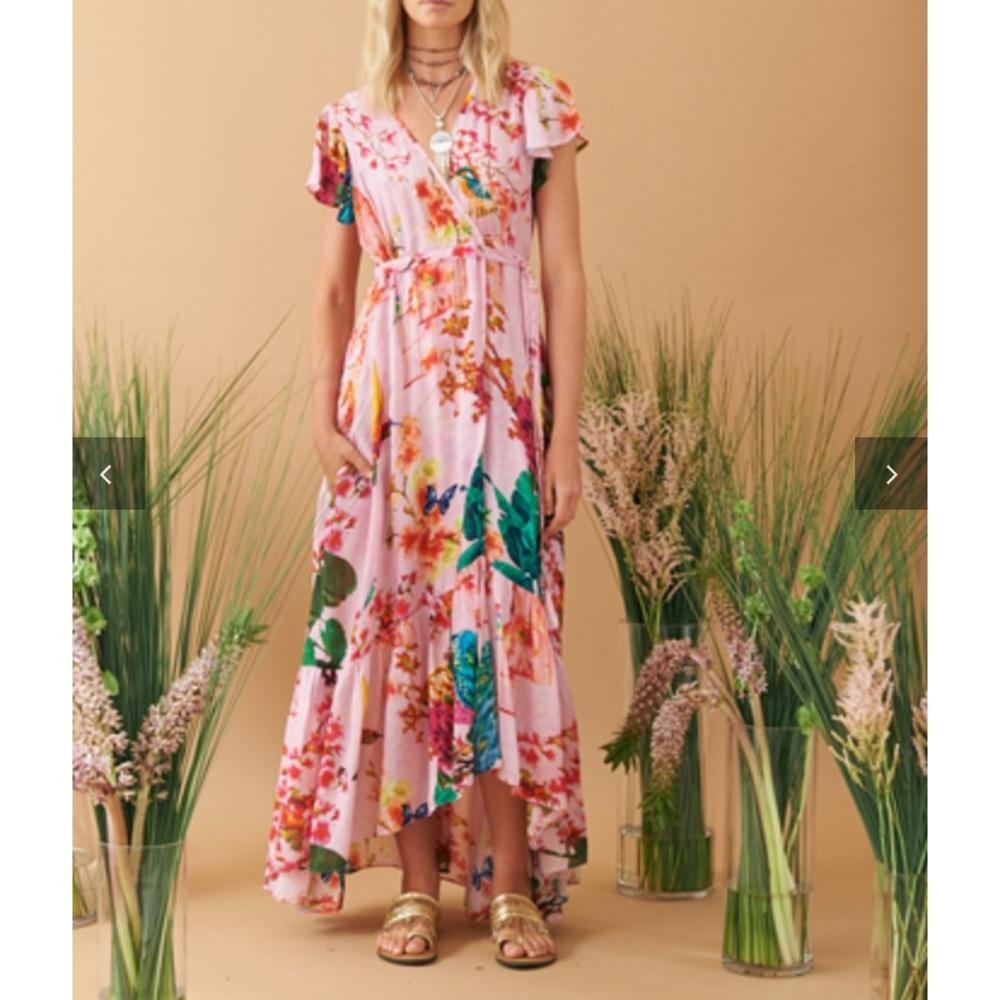 Floral Pink Wrap Maxi Dress with Tie Waist